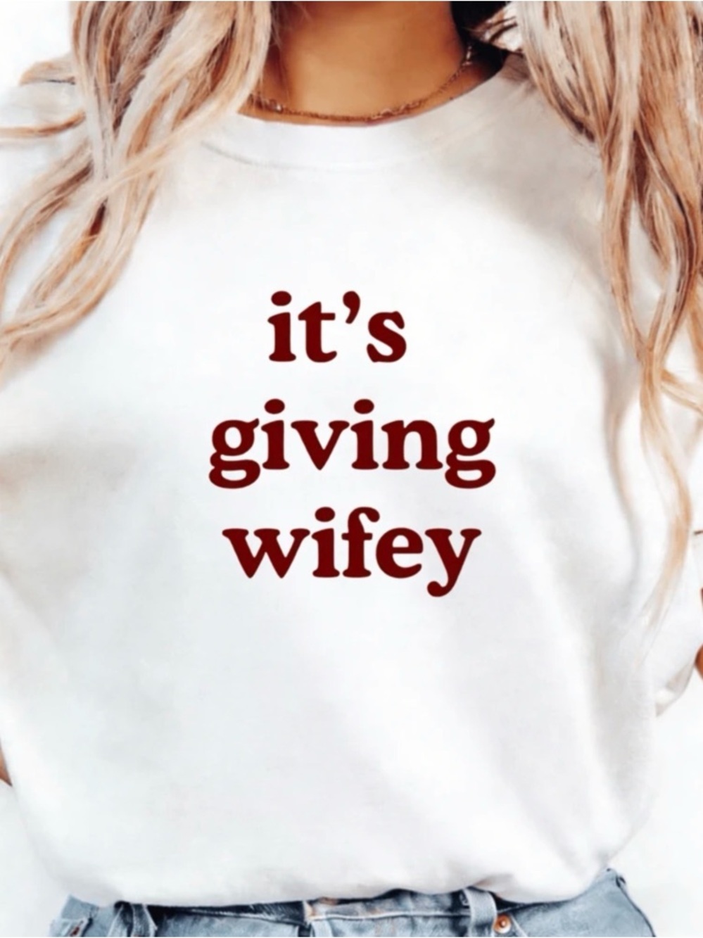 SHEIN White Graphic Tee with Maroon "it's giving wifey" Print